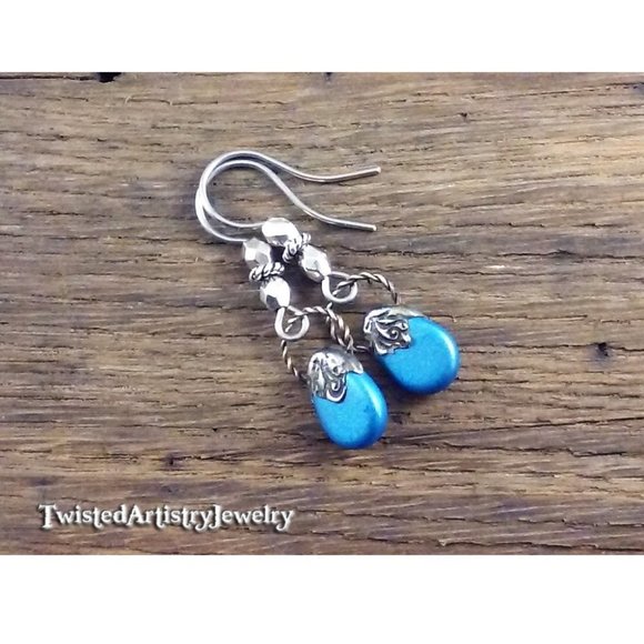 Pearl Shine Azuro Czech Glass Teardrop Charm Silver Earrings - Picture 5 of 5